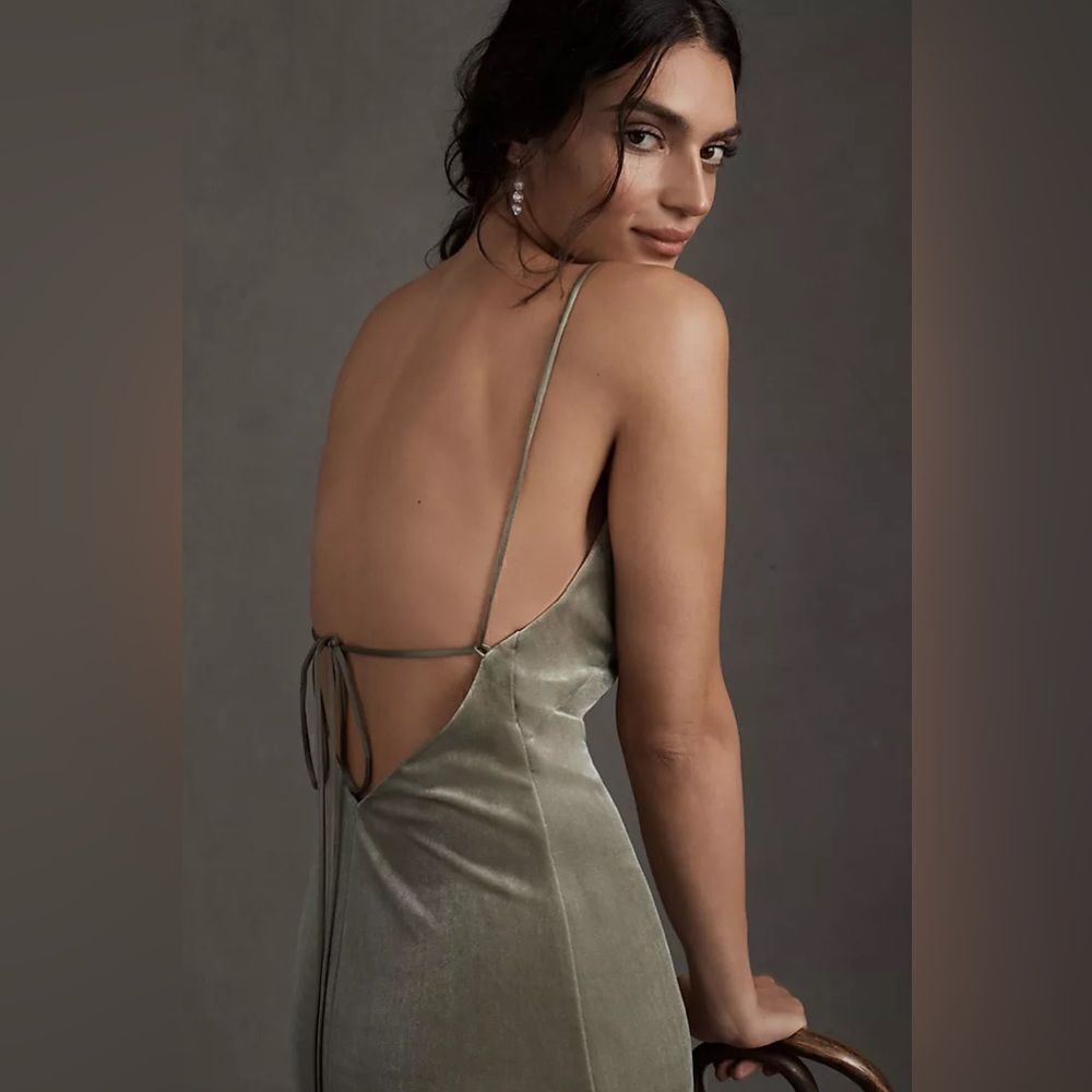 Jenny Yoo Stretch-Velvet Sabrina Dress in Sage - Picture 3 of 4